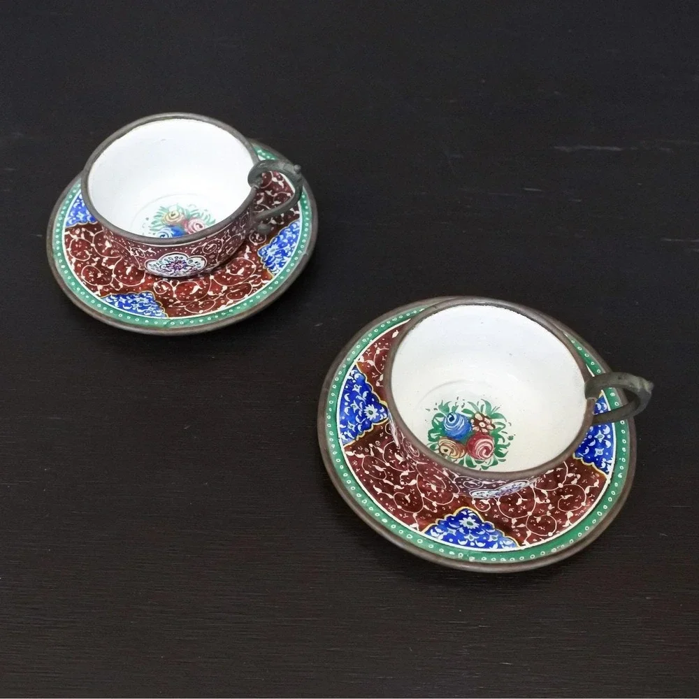 Antique Persian Minakari Enamel Floral Birds Tea & Coffee Cups Saucers Tray Set
